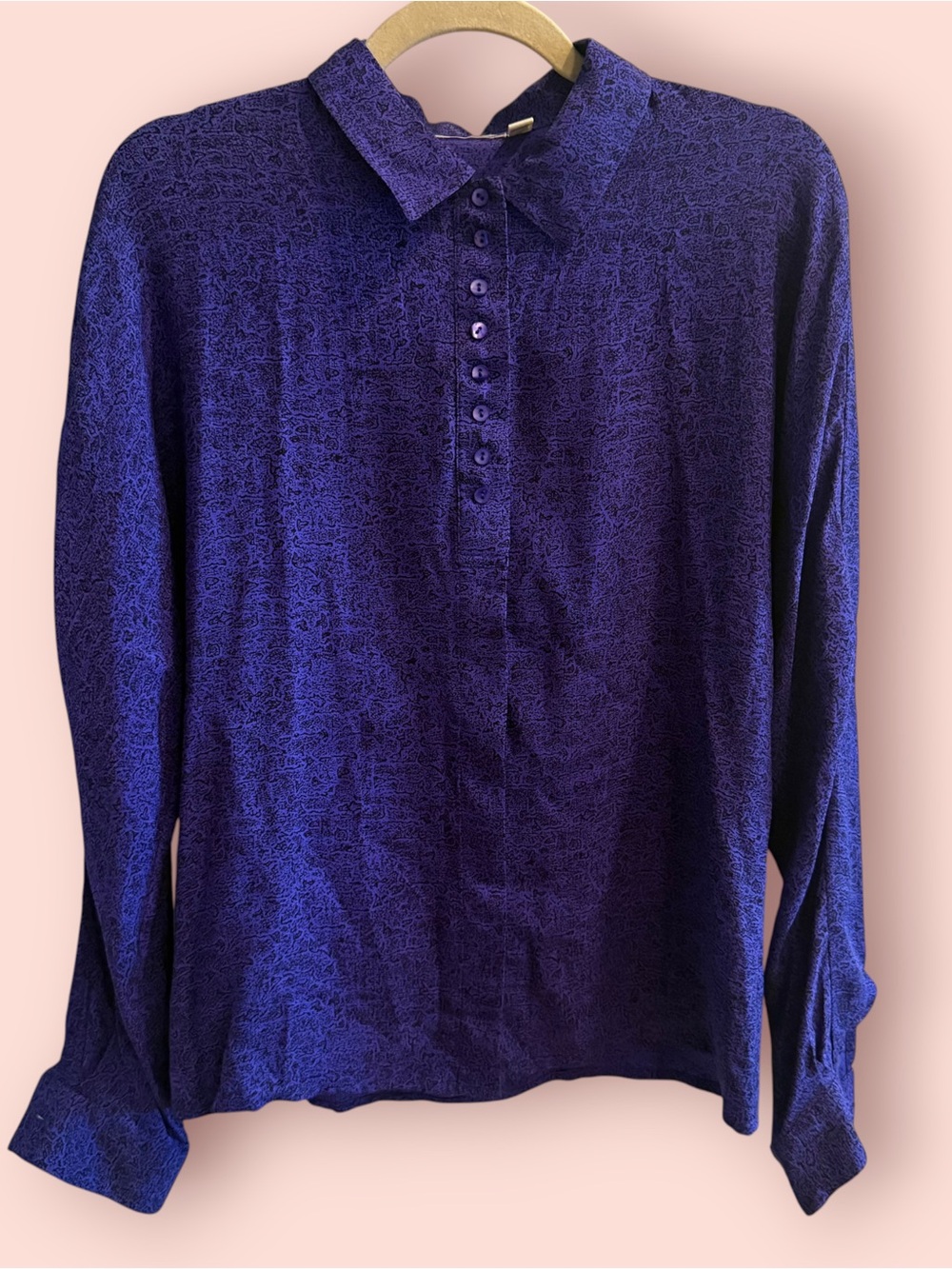 Vintage 90s Purple Black Abstract Print 100% Silk Button Down Blouse